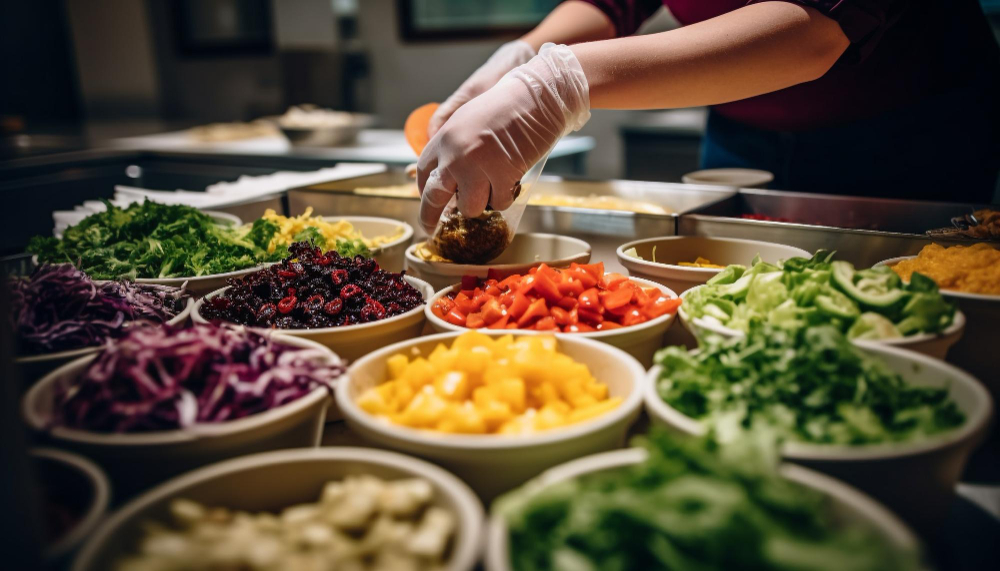 Food handler preparing ingredients in a professional kitchen